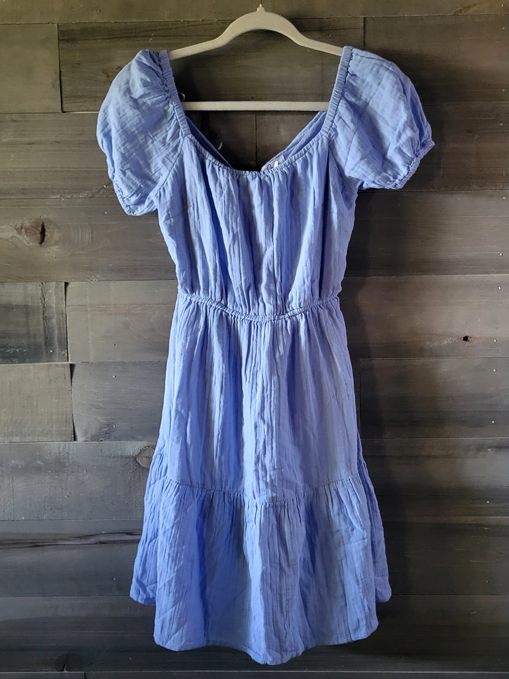 Cottagecore Light Blue 100% Cotton Dress, Peasant Style Top Back Cutout Size S